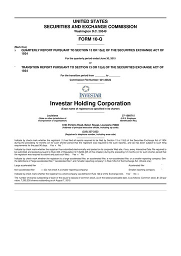 Thumbnail Investar Holding
 10-Q Quarterly Report FY2015 