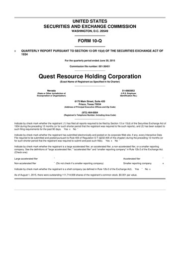 Thumbnail Quest Resource Holding 10-Q Quarterly Report FY2015 