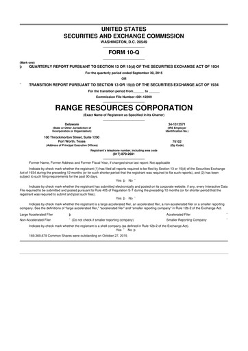 Thumbnail Range Resources
 10-Q Quarterly Report FY2015 