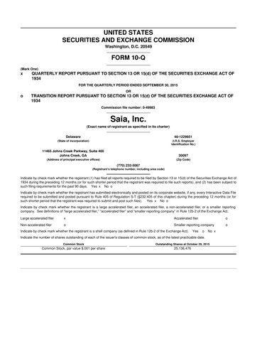 Thumbnail Saia
 10-Q Quarterly Report FY2015 