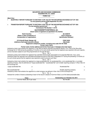 Thumbnail Martin Marietta Materials 10-Q Quarterly Report FY2015 