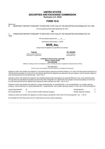 Miniature NVR 10-Q Rapport trimestriel 2015 