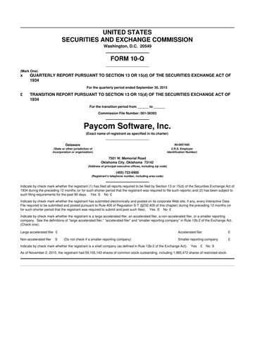 Miniature Paycom
 10-Q Rapport trimestriel 2015 