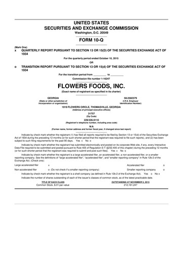 Miniature Flowers Foods
 10-Q Rapport trimestriel 2015 
