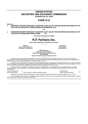 Miniature PJT Partners
 10-Q Rapport trimestriel 2015 