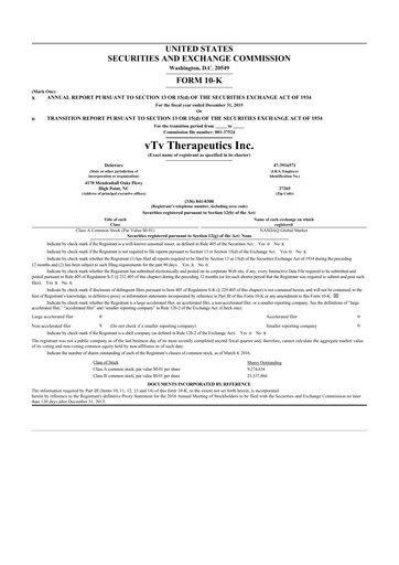 Miniature vTv Therapeutics
 10-K Rapport annuel 2015