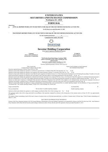 Thumbnail Investar Holding
 10-K Annual Report 2015