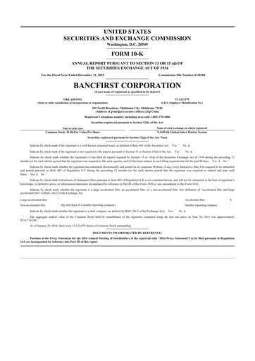 Miniature BancFirst 10-K Rapport annuel 2015