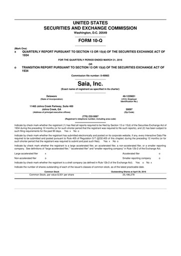 Thumbnail Saia
 10-Q Quarterly Report FY2016 