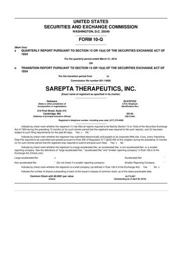 Thumbnail Sarepta Therapeutics
 10-Q Quarterly Report FY2016 