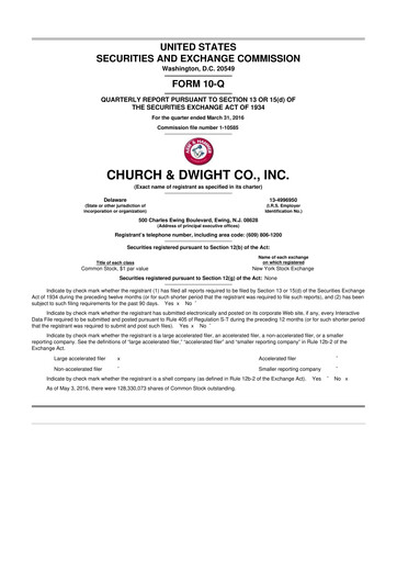 Thumbnail Church & Dwight
 10-Q Quarterly Report FY2016 