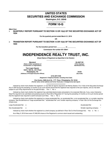 Thumbnail Independence Realty Trust
 10-Q Quarterly Report FY 