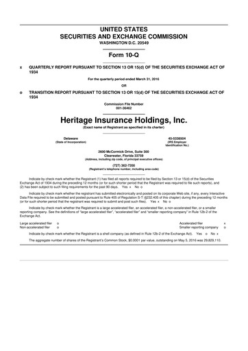 Miniature Heritage Insurance 10-Q Rapport trimestriel 2016 