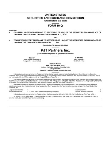 Miniature PJT Partners
 10-Q Rapport trimestriel 2016 