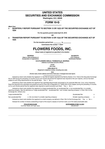 Miniature Flowers Foods
 10-Q Rapport trimestriel 2016 