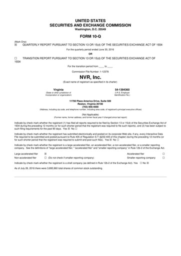 Miniature NVR 10-Q Rapport trimestriel 2016 