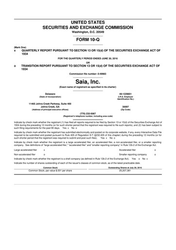 Thumbnail Saia
 10-Q Quarterly Report FY2016 