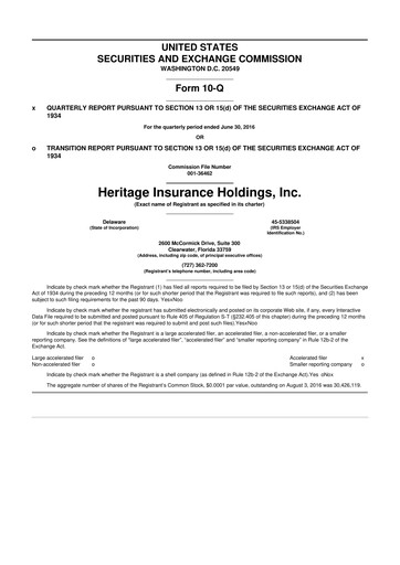 Miniature Heritage Insurance 10-Q Rapport trimestriel 2016 