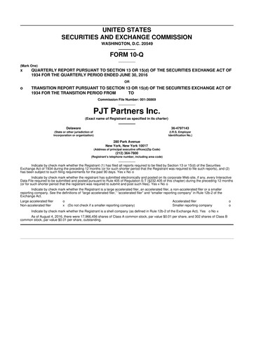 Miniature PJT Partners
 10-Q Rapport trimestriel 2016 