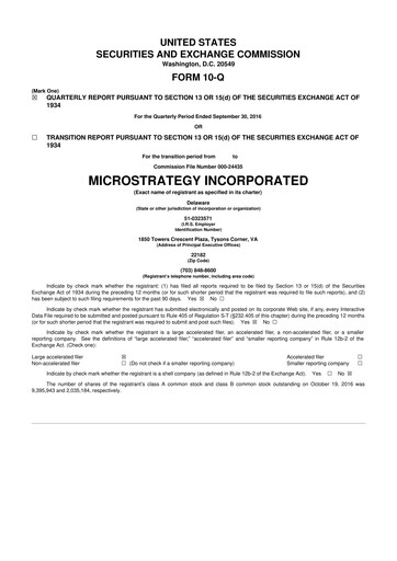 Miniature Strategy 
 (MicroStrategy) 10-Q Rapport trimestriel 2016 