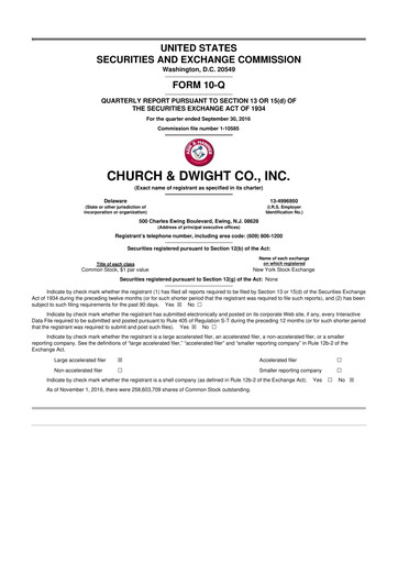 Thumbnail Church & Dwight
 10-Q Quarterly Report FY2016 