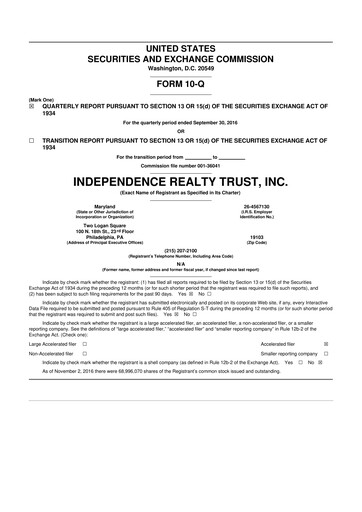 Thumbnail Independence Realty Trust
 10-Q Quarterly Report FY 