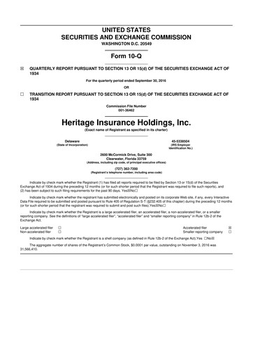 Miniature Heritage Insurance 10-Q Rapport trimestriel 2016 