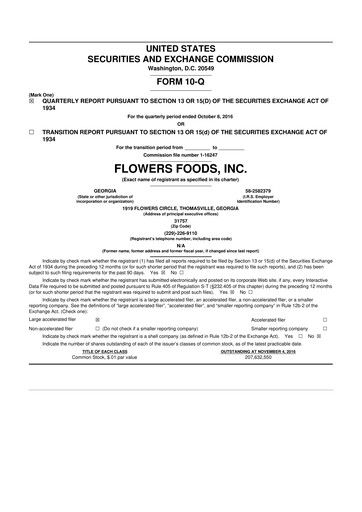 Miniature Flowers Foods
 10-Q Rapport trimestriel 2016 