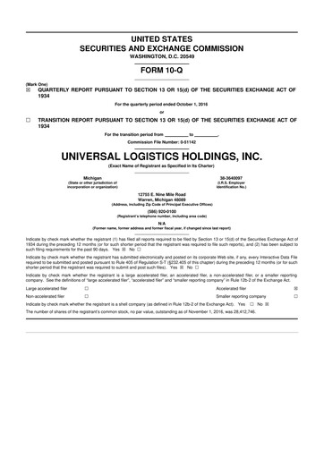 Thumbnail Universal Logistics Holdings 10-Q Quarterly Report FY2016 