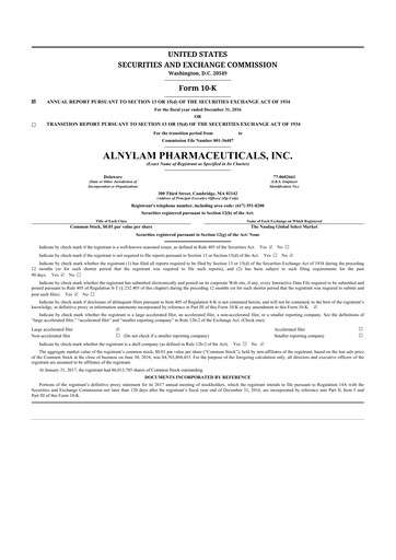 Thumbnail Alnylam Pharmaceuticals
 10-K Annual Report 2016