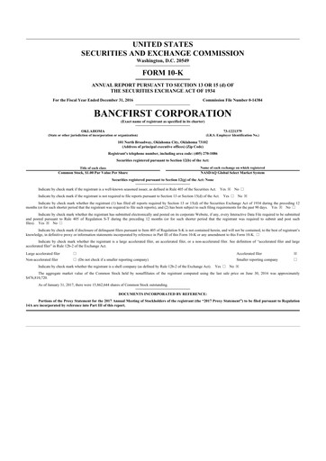 Miniature BancFirst 10-K Rapport annuel 2016