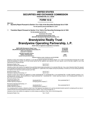 Thumbnail Brandywine Realty Trust
 10-Q Quarterly Report FY 