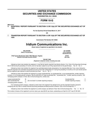 Thumbnail Iridium Communications 10-Q Quarterly Report FY2017 