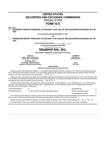 Thumbnail bluebird bio
 10-Q Quarterly Report FY2017 