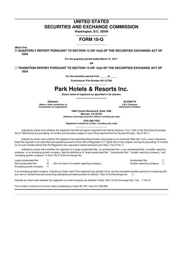 Thumbnail Park Hotels & Resorts

 10-Q Quarterly Report FY2017 