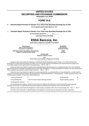 Thumbnail ESSA Bancorp 10-Q Quarterly Report FY2017 