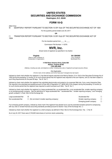 Miniature NVR 10-Q Rapport trimestriel 2017 