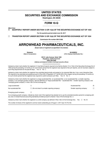 Thumbnail Arrowhead Pharmaceuticals
 10-Q Quarterly Report FY2017 