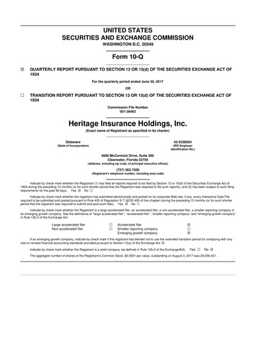 Miniature Heritage Insurance 10-Q Rapport trimestriel 2017 