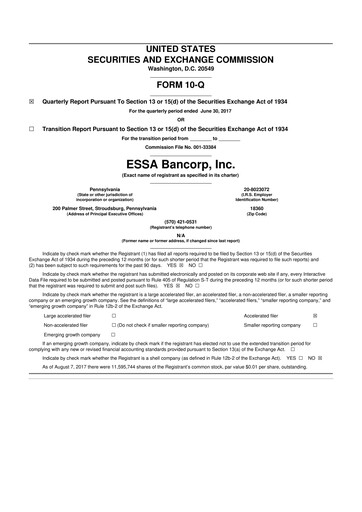 Thumbnail ESSA Bancorp 10-Q Quarterly Report FY2017 