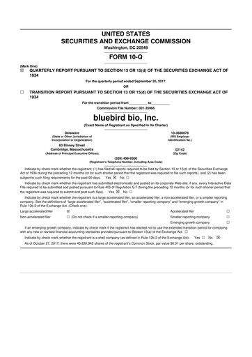 Thumbnail bluebird bio
 10-Q Quarterly Report FY2017 