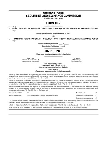 Vorschaubild Unifi 10-Q Quartalsbericht 2018 