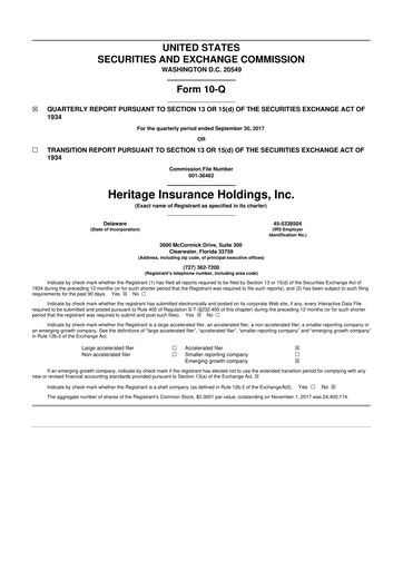 Miniature Heritage Insurance 10-Q Rapport trimestriel 2017 