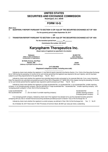 Thumbnail Karyopharm Therapeutics
 10-Q Quarterly Report FY2017 