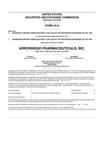 Thumbnail Arrowhead Pharmaceuticals
 10-Q Quarterly Report FY2018 