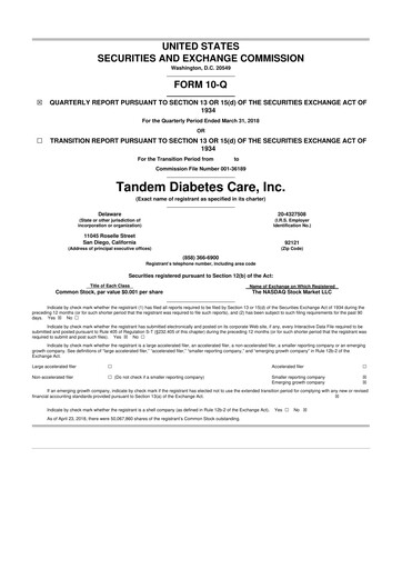 Thumbnail Tandem Diabetes Care
 10-Q Quarterly Report FY2018 