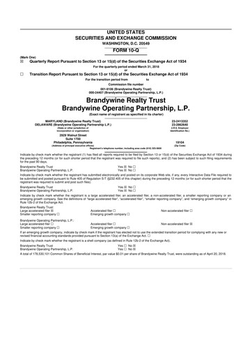 Thumbnail Brandywine Realty Trust
 10-Q Quarterly Report FY 