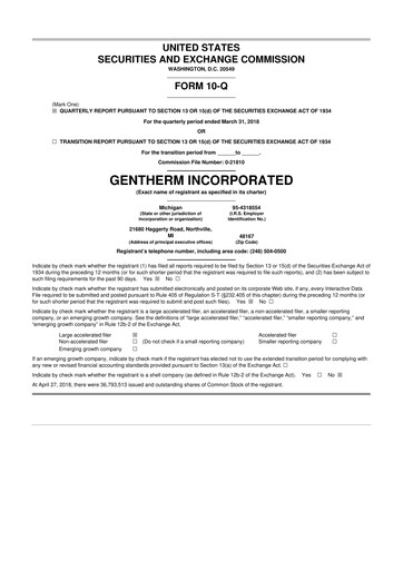 Vorschaubild Gentherm 10-Q Quartalsbericht 2018 