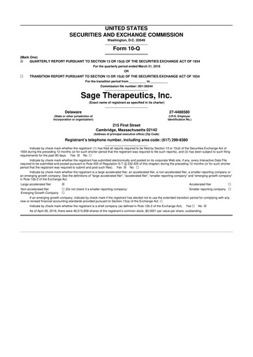 Thumbnail Sage Therapeutics
 10-Q Quarterly Report FY2018 