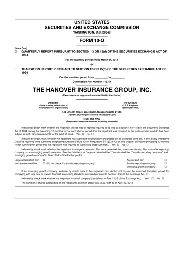 Thumbnail Hanover Insurance Group 10-Q Quarterly Report FY2018 